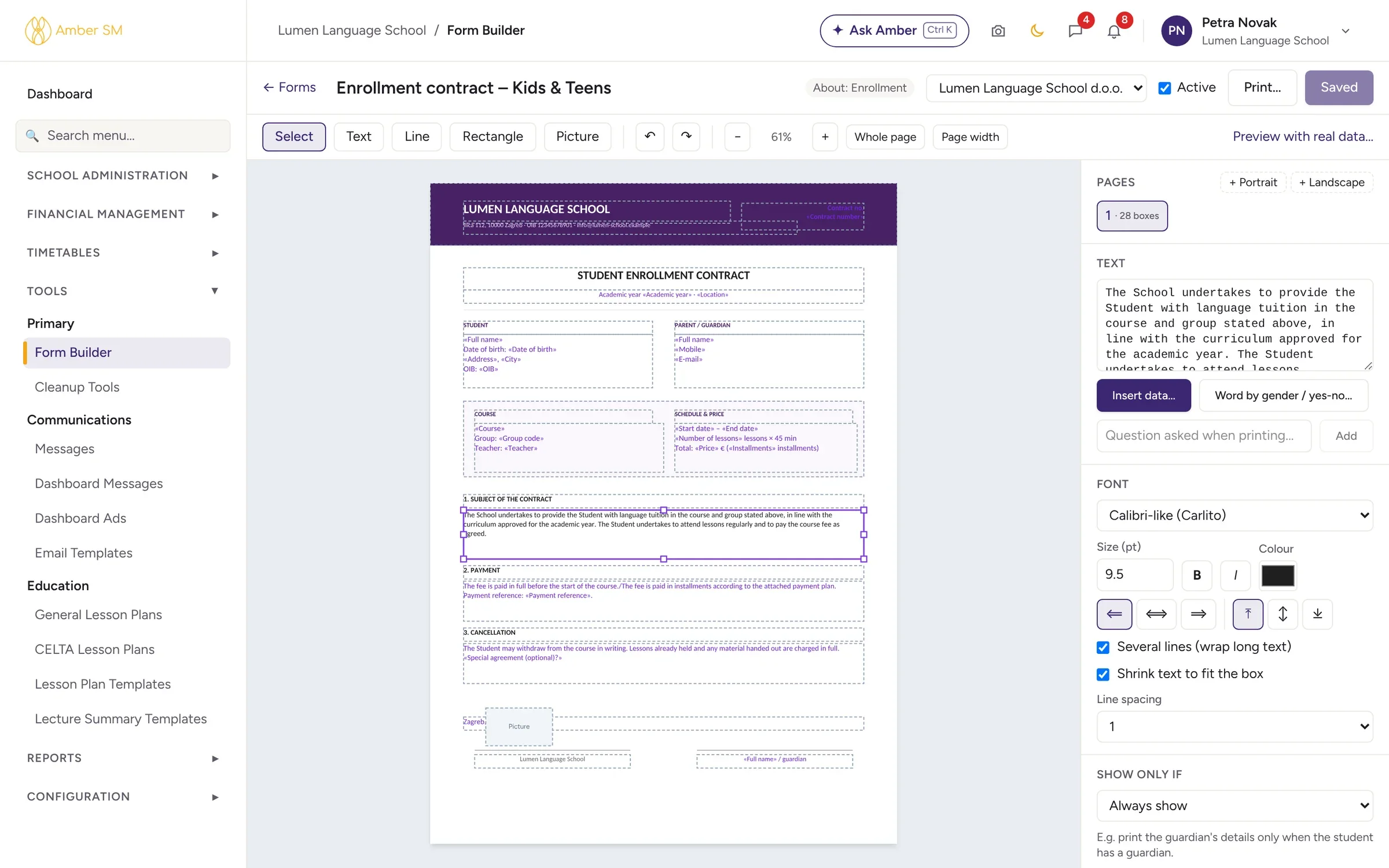 The Form Builder in Amber with a contract layout and data fields